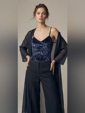 VTG 80s Colesce Couture‎ Crushed Burnout Velvet Bodysuit Large Romantic Sheer...